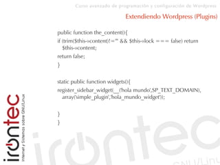 Curso avanzado de programación y configuración de Wordpress
Extendiendo Wordpress (Plugins)
public function the_content(){
if (trim($this-»content)!="" && $this-»lock === false) return
$this-»content;
return false;
}
static public function widgets(){
register_sidebar_widget(__('hola mundo',SP_TEXT_DOMAIN),
array('simple_plugin','hola_mundo_widget'));
}
}
 