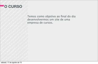 PORQUE O WORDPRESS?
SE EXISTEM TANTOS?
WORPRESS É:
- Flexível
- Fácil de usar
- Fácil de desenvolver
- Fácil de personalizar
- Possui uma gama enorme de plugins
- Comunidade ativa
sábado, 17 de agosto de 13
 