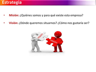 Estrategia 
• Misión: ¿Quiénes somos y para qué existe esta empresa? 
• Visión: ¿Dónde queremos situarnos? ¿Cómo nos gustaría ser? 
 