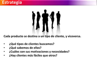 Estrategia 
Cada producto se destina a un tipo de cliente, y viceversa. 
• ¿Qué tipos de clientes buscamos? 
• ¿Qué sabemos de ellos? 
• ¿Cuáles son sus motivaciones y necesidades? 
• ¿Hay clientes más fáciles que otros? 
 