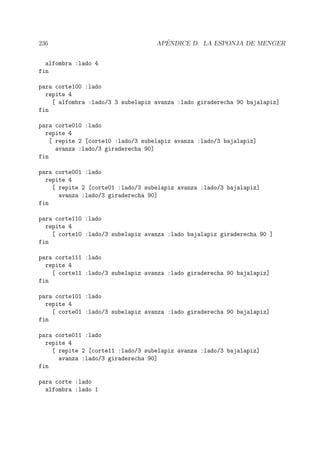 236 AP´ENDICE D. LA ESPONJA DE MENGER
alfombra :lado 4
fin
para corte100 :lado
repite 4
[ alfombra :lado/3 3 subelapiz avanza :lado giraderecha 90 bajalapiz]
fin
para corte010 :lado
repite 4
[ repite 2 [corte10 :lado/3 subelapiz avanza :lado/3 bajalapiz]
avanza :lado/3 giraderecha 90]
fin
para corte001 :lado
repite 4
[ repite 2 [corte01 :lado/3 subelapiz avanza :lado/3 bajalapiz]
avanza :lado/3 giraderecha 90]
fin
para corte110 :lado
repite 4
[ corte10 :lado/3 subelapiz avanza :lado bajalapiz giraderecha 90 ]
fin
para corte111 :lado
repite 4
[ corte11 :lado/3 subelapiz avanza :lado giraderecha 90 bajalapiz]
fin
para corte101 :lado
repite 4
[ corte01 :lado/3 subelapiz avanza :lado giraderecha 90 bajalapiz]
fin
para corte011 :lado
repite 4
[ repite 2 [corte11 :lado/3 subelapiz avanza :lado/3 bajalapiz]
avanza :lado/3 giraderecha 90]
fin
para corte :lado
alfombra :lado 1
 