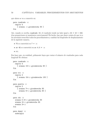 50 CAP´ITULO 6. VARIABLES. PROCEDIMIENTOS CON ARGUMENTOS
que ahora se va a convertir en:
para cuadrado :c
repite 4
[ avanza :c giraderecha 90 ]
fin
As´ı, cuando se escriba cuadrado 10, el cuadrado tend´a un lado igual a 15 * 10 = 150.
¡Las proporciones se mantienen correctamente! De hecho, hay que darse cuenta de que va a
ser necesario reescribir todos los procedimientos y cambiar las longitudes de desplazamiento
de la siguiente manera.
70 se convertir´a en 7 * :c
av 45 se convertir´a en av 4.5 * :c
etc.
Eso hace que, en realidad, ¡s´olamente haya que contar el n´umero de cuadrados para cada
longitud! Se obtiene:
para cuadrado :c
repite 4
[ avanza 15*:c giraderecha 90 ]
fin
para tri :c
repite 3
[ avanza 15*:c giraderecha 120 ]
fin
para puerta :c
repite 2
[ avanza 7*:c giraderecha 90
avanza 5*:c giraderecha 90 ]
fin
para chi :c
avanza 5.5*:c giraderecha 90
avanza 2*:c giraderecha 90
avanza 2*:c
fin
para desp1 :c
subelapiz
 