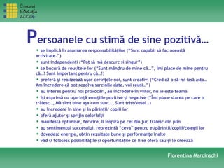 Persoanele cu stimă de sine pozitivă…
• se implică în asumarea responsabilităţilor (“Sunt capabil să fac această
activitate.”)
• sunt independenţi (“Pot să mă descurc şi singur”)
• se bucură de reuşitele lor (“Sunt mândru de mine că…”, Îmi place de mine pentru
că…! Sunt important pentru că…!)
• preferă şi realizează uşor cerinţele noi, sunt creativi (“Cred că o să-mi iasă asta…
Am încredere că pot rezolva sarcinile date, voi reuşi…”)
• au interes pentru noi provocări, au încredere în viitor, nu le este teamă
• îşi exprimă cu uşurinţă emoţiile pozitive şi negative (“Îmi place starea pe care o
trăiesc…, Mă simt bine aşa cum sunt…, Sunt trist/vesel…)
• au încredere în sine şi în părinţii/ copiii lor
• oferă ajutor şi sprijin celorlalţi
• manifestă optimism, fericire, îi inspiră pe cei din jur, trăiesc din plin
• au sentimentul succesului, reprezintă “ceva” pentru ei/părinţii/copiii/colegii lor
• dovedesc energie, obţin rezultate bune şi performanţe înalte
• văd şi folosesc posibilităţile şi oportunităţile ce li se oferă sau şi le creează
Florentina Marcinschi
 