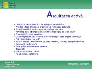 Ascultarea activă…
• Lăsaţi-i/le să vorbească şi focalizaţi-vă pe vorbitor
• Prindeţi ideea principală şi puneţi-vă în situaţia celuilalt
• Puneţi întrebări pentru a putea înţelege mai bine
• Verificaţi dacă aţi înţeles şi arătaţi că înţelegeţi ce vi se spune
• Provocaţi-l/o să se exprime
• Citaţi fragmente sau formule din conversaţie, care exprimă reflecţii
• Fiţi “deschizători de uşă”
• Vorbiţi despre sentimentele pe care le trăiţi, acordaţi atenţie emoţiilor
• Exprimaţi-vă dorinţele
• Folosiţi întrebări cu final deschis
• Rezumaţi
• Fiţi un ascultător “dificil”
• Nu etichetaţi vorbitorul
Şcoala Nr.1
Comuna Dobroeşti
Judeţul Ilfov
Florentina Marcinschi
 