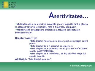 Asertivitatea...
•abilitatea de a ne exprima emoţiile şi convingerile fără a afecta
şi ataca drepturile celorlalţi, fără a fi agresiv sau pasiv.
•modalitatea de adaptare eficientă la situaţii conflictuale
interpersonale.
Drepturi asertive!
•Este dreptul fiecăruia de a avea valori, convingeri, opinii
proprii.
•Este dreptul de a fi acceptat ca imperfect.
•Este dreptul de a spune NU sau NU ŞTIU sau NU ÎNŢELEG
sau NU MĂ INTERESEAZĂ.
•Este dreptul de a te schimba, de a-ţi dezvolta viaţa aşa
cum iţi doreşti.
Aplicaţie. “Este dreptul meu să…”
Florentina Marcinschi
 