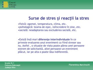 Surse de stres şi reacţii la stres
•fizică: zgomot, temperatura, clima, etc.
•psihologică: teama de eşec, neîncredere în sine, etc.
•socială: neadaptarea sau excluderea socială, etc.
•Există însă mari diferenţe interindividuale în ce
priveste evaluarea unui eveniment ca fiind stresor sau
nu. Astfel , o situaţie de viata poate părea unei persoane
extrem de solicitantă, altei persoane-un eveniment
plăcut, iar pe alta o poate lăsa indiferentă.
Şcoala Nr.1
Comuna Dobroeşti
Judeţul Ilfov
Florentina Marcinschi
 