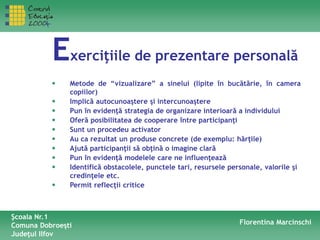 Exerciţiile de prezentare personală
Florentina Marcinschi
• Metode de “vizualizare” a sinelui (lipite în bucătărie, în camera
copiilor)
• Implică autocunoaştere şi intercunoaştere
• Pun în evidenţă strategia de organizare interioară a individului
• Oferă posibilitatea de cooperare între participanţi
• Sunt un procedeu activator
• Au ca rezultat un produse concrete (de exemplu: hărţile)
• Ajută participanţii să obţină o imagine clară
• Pun în evidenţă modelele care ne influenţează
• Identifică obstacolele, punctele tari, resursele personale, valorile şi
credinţele etc.
• Permit reflecţii critice
Şcoala Nr.1
Comuna Dobroeşti
Judeţul Ilfov
 