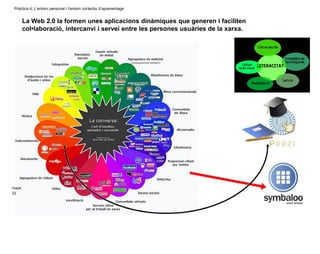 Pràctica 4. L’entorn personal i l’entorn col·lectiu d’aprenentage
22
mapa
La Web 2.0 la formen unes aplicacions dinàmiques que generen i faciliten
col•laboració, intercanvi i servei entre les persones usuàries de la xarxa.
 