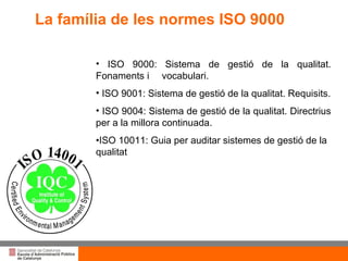 ISO 9000: Sistema de gestió de la qualitat. Fonaments i  vocabulari. ISO 9001: Sistema de gestió de la qualitat. Requisits. ISO 9004: Sistema de gestió de la qualitat. Directrius per a la millora continuada. ISO 10011: Guia per auditar sistemes de gestió de la qualitat La família de les normes ISO 9000 