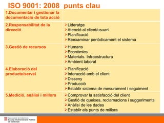 Títol de la presentació per projecció amb canó ISO 9001: 2008  punts clau  1.Documentar i gestionar la documentació de tota acció 2.Responsabilitat de la direcció Lideratge Atenció al client/usuari Planificació Reexaminar periòdicament el sistema 3.Gestió de recursos Humans Econòmics Materials. Infraestructura Ambient laboral  4.Elaboració del producte/servei Planificació Interacció amb el client Disseny Producció Establir sistema de mesurament i seguiment 5.Medició, anàlisi i millora Comprovar la satisfacció del client Gestió de queixes, reclamacions i suggeriments Anàlisi de les dades Establir els punts de millora 