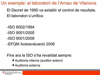 Un exemple: el laboratori de l’Arnau de Vilanova El Decret de 1995 va establir el control de resultats. El laboratori s’unifica: -ISO 9002/1994 -ISO 9001/2000 -ISO 9001/2008 -EFQM Autoavaluació 2008 Fins ara la ISO s’ha revalidat sempre: Auditoria interna (auditor extern) Auditoria externa  