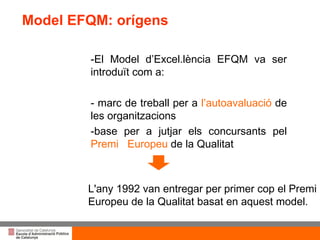 El Model d’Excel.lència EFQM va ser introduït com a: marc de treball per a  l’autoavaluació  de les organitzacions base per a jutjar els concursants pel  Premi  Europeu  de la Qualitat L'any 1992 van entregar per primer cop el Premi Europeu de la Qualitat basat en aquest model. Model EFQM: orígens 