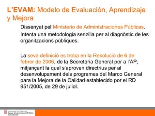 Títol de la presentació per projecció amb canó Dissenyat pel  Ministerio de Administraciones Públicas . Intenta una metodologia senzilla  per al diagnòstic de les organitzacions públiques. La  seva definició es troba en la Resolució de 6 de febrer de 2006 , de la Secretaria General per a l’AP, mitjançant la qual s’aproven directrius per al desenvolupament dels programes del Marco General para la Mejora de la Calidad establecido por el RD 951/2005, de 29 de juliol.  L’EVAM:  Modelo de Evaluación, Aprendizaje y Mejora  
