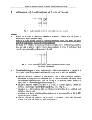 Noţiuni de proiectare a scărilor şi rampelor, la clădiri cu funcţiuni civile
2) scări a
Fig. 18 Scară cu decalaj de jumătate de treaptă faţă de ochiul scării la podest
Implicaţii
a Acestui tip de scară l o rezemare a rampei scării pe podest cu
structura dală groasă
Numai la o anume grosime calculat a elementelor structurale (rampe, dală groasă sau grindă
cu dec laj egal, de jumătate de treaptă faţă de ochiul scării la podest
a=b=l/2
îi corespunde structura
(din beton armat).
ă
ine decalajul de jumă
cu grosime (respectiv înălţ
plată de podest) se obţ tate de treaptă.
Intersecţia d t cofrajului) se face
după o dreaptă ime), corespunzătoare (în funcţie de panta scării), dacă
pele reazemă pe dală groasă sau pe o grindă plată.
ecalaj de jumătate de treaptă
faţă de ochiul scării la podest
b Traseul mâinii curente va urmări panta rampelor; înălţimea parapetului se va calcula de la
buza treptei, vertical. Întoarcerea orizontală a mâinii curente la ochiul scării este posibilă fie:
păstrând înălţimea H a parapetului pe zona podestului, ceea ce implică prelungirea parapetului
rampe ei trepte, înainte
de întoarcerea ei paralel cu o 20.); în acest caz, lăţimea podestului la
ochiul scării, va fi majorată cu o jumătate de treaptă (l/2).
acceptând ca pe lăţimea ochiului scării, linia mâinii curente, orizontală, să aibă o săritură egală
pe lăţimea ochiului scării linia mâinii
intre in radosul podestului cu intradosul celor două rampe (la faţa
ram
Fig. 19 Intrados cu frângere pe o dreaptă, la scară cu d
l/2
i care urcă pe podest cu o dimensiune egală cu jumătate din lăţimea un
chiul scării (var 1 în fig.
acceptând creşterea înălţimii parapetului H, la podest, cu o valoare egală cu jumătate din
înălţimea h a unei trepte şi păstrând lăţimea podestului (var 2 în fig. 20.).
cu înălţima h a unei trepte
acceptând ca pe lăţimea ochiului scării linia mâinii curente să aibă traseu oblic (var 3 în fig. 20.),
cu racordări curbe torsionate
păstrând înălţimea H a parapetului, dar acceptând ca
curente să fie întreruptă, dacă ochiul scării are lăţime mică.
 