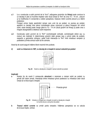 Noţiuni de proiectare a scărilor şi rampelor, la clădiri cu funcţiuni civile
.1 La o construcţie a scării pornind de la “brut”, adăugarea grosimilor de finisaj poate conduce la
pte aparţinând rampei care urcă de pe podest, va avansa pe podest,
.2 Construcţia scării pornind de la “finit” (contratreaptă verticală, contratreaptă oblică sau cu
cest tip de scară asigură înălţime liberă maximă între podeste.
) scări cu întoarcere la 1800, cu decalaj de o treaptă în sensul coborârii pe podest
c
un decalaj în plan al muchiilor treptelor celor două rampe la “finit” de circa 10 – 14 cm, precum
şi la modificarea în consecinţă a cotelor parapetului, traseului mâinii curente precum şi a lăţimii
podestului.
Finisajul primei tre
apărând un decalaj între planul contratreptei şi/sau ciubucului şi planul finisajului din ochiul
scării; acest decalaj poate merge până la 10 – 14 cm (două grosimi de finisaj) şi poate crea o
imagine dezagreabilă a detaliului scării respective
c
ciubuc) are implicaţii în determinarea grosimii dalei groase (sau a grinzii plate de podest),
respectiv a geometriei cofrajului, astfel încât intersecţia la “finit” între intradosul rampelor şi
podestelor şi limita ochiului scării să fie coliniare.
A
4
Fig. 24 Scară cu decalaj de o treaptă în sensul coborârii pe podest
Implicaţii
stui tip de scară îi corespunde structural o rezemare a rampei scării pe podest cu
Fig. 25 Intrados cu frângere pe o dreaptă, la scară cu decalaj de o treaptă
b Traseul mâinii curente va urmări panta rampelor; înălţimea parapetului se va calcula
a Ace
grindă (din beton armat). Intersecţia dintre intradosul grinzii podestului cu intradosul celor două
rampe se va face după o dreaptă.
Proiecţia grinzii
la muchia de jos a unei grinzi de podest
de la buza treptei, vertical.
 