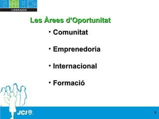 Les Àrees d’OportunitatLes Àrees d’Oportunitat
• ComunitatComunitat
• EmprenedoriaEmprenedoria
• InternacionalInternacional
• FormacióFormació
5
 