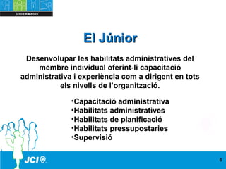 El JúniorEl Júnior
Desenvolupar les habilitats administratives del
membre individual oferint-li capacitació
administrativa i experiència com a dirigent en tots
els nivells de l’organització.
•Capacitació administrativaCapacitació administrativa
•Habilitats administrativesHabilitats administratives
•Habilitats de planificacióHabilitats de planificació
•Habilitats pressupostariesHabilitats pressupostaries
•SupervisióSupervisió
6
 
