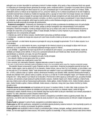 adăugării unor noi laturi dezvoltării lor spirituale şi instruirii în artele marţiale, cât şi pentru a face vindecarea fizică mai uşoară.
In vindecarea prin bioenergie folosim generarea de energie, pentru vindecare externă. Cursanţilor li se predau tehnici puternice
care îi ajută să preia energie din afara corpului lor, pe care o proiectează apoi în zone deficiente, pentru a le vindeca. Astfel,
vindecătorii pranici nu trebuie să se îngrijoreze că li se „consuma” bateria şi nici nu trebuie să petreacă ani de zile învăţând şi
practicând exerciţii fizice complexe şi modele de respiraţie pentru a ajunge la nivelul intern de energie necesar unei vindecări
eficiente. In sfârşit, ceea ce lipseşte din aproape toate sistemele de terapie energetică sunt cele două pietre de temelie ale
vindecării pranice: folosirea metodică a pranelor cromatice, ce oferă un punct de reper şi accelerează în mare măsură procesul
de vindecare, şi igiena energetică, adică reguli şi practici pentru a evita infectarea energiei şi pentru a menţine curate şi
suficiente resursele personale de energie ale practicantului.
Anatomia ta energetică Vindecarea prin bioenergie ne învaţă că bolile şi problemele de sănătate provin din perturbaţiile
fluxului energetic (printr-o reţea de centri ai forţei, pasaje şi câmpuri energetice care interpenetrează) numit anatomie
energetică. Anatomia energetică, numită şi energia corpului sau pur şi simplu aură, este un nor tridimensional de prana ce
porneşte din corpul fizic şi se propagă în afară, în toate direcţiile, formând un contur imprecis în jurul corpului. Anatomia
energetică are cinci componente principale:
1. chakrele sau centrii de forţă ai corpului, transformatorii care preiau şi distribuie energia ;
2. meridianele - canalele de energie ale corpului prin care hrana circulă la chakre şi de acolo la organele şi părţile corpului din
vecinătate;
3. aura interioară - un strat interior de prana ce porneşte din corp şi se propagă la aproximativ 15 cm în afara corpului, la un
adult sănătos;
4. aura exterioară - un strat exterior de prana, ce porneşte tot din interiorul corpului şi se propagă la câţiva metri de aura
interioară, la un adult sănătos. Aura exterioară păstrează energia corpului în interior;
5. aura sănătăţii - o aglomerare de raze lungi de 60 cm ce iradiază din porii corpului. La o persoană sănătoasă, razele de
sănătate sunt drepte şi bine definite, în timp ce la o persoană bolnavă ele sunt îndoite sau fade. Aurele sunt concentrice,
asemănătoare cu straturile unei cepe, trei aure fiind aşezate
una în cealaltă (fig. 1). Anatomia ta energetică are patru funcţii principale:
1. de a absorbi, distribui şi ener-giza corpul fizic cu prana;
2. de a servi ca şablon sau model pentru corpul fizic;
3. de a controla, prin intermediul chakrelor, reglarea adecvata a pranei în corpul fizic;
4. de a servi, în primul rând prin intermediul razelor de sănătate şi al aurei, ca un scut protector pentru corpul fizic, împotriva contaminării energiei.
Să analizăm fiecare componentă în parte Chakrele se afla in corpul eteric. Anatomia ta energetică prezintă trei tipuri de
chakre: chakre majore, care au până la 8-10 cm diametru; chakre minore, care au între 3 şi 5 cm diametru, şi mini-chakre, care
au mai puţin de 2,5 cm diametru. (Notă: Toate dimensiunile sunt valabile în cazul unui adult sănătos.) Există 11 chakre majore,
trei - a inimii, a plexului solar şi a splinei -având o dimensiune frontală şi una dorsală. Astfel, adunând dimensiunile frontale şi
dorsale ale chakrelor inimii, plexului solar şi a splinei, vei lucra cu un total de 14 centri energetici majori. (Ar fi folositor să te uiţi
la figurile l-2A, 1-2B şi tabelul l-I pe măsură ce le discutăm.) Pornind de la vârful capului şi continuând în jos, pe partea frontală
a corpului, prin picioare şi după aceea prin partea dorsală a corpului, chakrele majore sunt: chakra creştetului, chakra frunţii,
ajna (sau chakra zonei unde se împreunează sprâncenele), chakra gâtului, chakra frontală a inimii, chakra frontală a plexului
solar, chakra frontală a splinei, chakra ombilicală, chakra sexului, a bazinului, meng mein (sau chakra rinichilor) şi chakra
dorsală a inimii.
Chakrele minore şi mini-chakrele sunt localizate prin tot corpul, în maxilarul inferior, în mâini, tălpi, braţe şi picioare. Din
cauză că cele mai serioase probleme de sănătate se pot trata numai prin lucrul cu chakrele majore, cartea de faţă nu
analizează în detaliu chakrele minore şi mini-chakrele (deşi face scurte referiri la ele prin intermediul unor remedii prezentate în
capitolul 13). Iată o descriere sumară a fiecărei chakre majore:
Chakra creştetului este localizată în vârful cutiei craniene, energizând şi controlând creierul şi glanda pineală. Este, de
asemenea, unul dintre cele mai importante puncte de acces al pranei în corp, deoarece prana ce intră prin creştet energizează
tot corpul.
Chakra frunţii se găseşte în centrul frunţii, energizând şi controlând sistemul nervos.
Chakra ajna se află între sprâncene, energizând şi controlând glanda pituitară şi sistemul endocrin. Are importanţă şi pentru că
este sediul puterii de voinţă şi al proceselor de gândire conştientă.
Chakra gâtului este localizată la mărul lui Adam şi controlează gâtul, traheea, laringele, esofagul, glanda tiroidă şi sistemul
limfatic. Ea mai este legată de chakra sexului, fiind centrul superior al creativităţii, în timp ce chakra sexului este centrul inferior
3
 