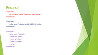 Resurse
<resources>
<string name="mesaj">Document nou</string>
</resources>
<resources>
<color name="culoare_fundal">#00CCCC</color>
</resources>
<resources>
<array name="optiuni">
<item>zip</item>
<item>rar</item>
<item>7z</item>
</array>
</resources>
47
 
