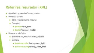 Referirea resurselor (XML)
 @pachet:tip_resursa/nume_resursa
 Proiectul curent
 @tip_resursa/nume_resursa
 Exemplu:
 @dimen/dim_font
 @color/culoare_fundal
 Resurse predefinite
 @android:tip_resursa/nume_resursa
 Exemplu
 @android:color/background_light
 @android:string/dialog_alert_title
7
 
