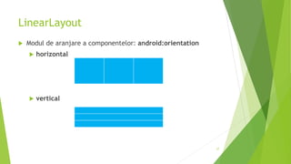 LinearLayout
 Modul de aranjare a componentelor: android:orientation
 horizontal
 vertical
27
 