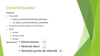 ConstraintLayout
Înlănțuiri
 Proprietăți
 layout_constraintHorizontal_chainStyle
 sau layout_constraintVertical_chainStyle
 Se aplică primului element din înlănțuire
 Valori
 spread
 spread_inside
 packed
Manipulatori
35
 