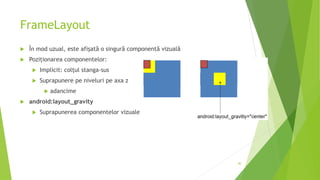 FrameLayout
 În mod uzual, este afișată o singură componentă vizuală
 Poziționarea componentelor:
 Implicit: colțul stanga-sus
 Suprapunere pe niveluri pe axa z
 adancime
 android:layout_gravity
 Suprapunerea componentelor vizuale
40
 