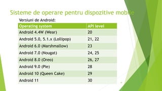 Sisteme de operare pentru dispozitive mobile
38
Operating system API level
Android 4.4W (Wear) 20
Android 5.0, 5.1.x (Lollipop) 21, 22
Android 6.0 (Marshmallow) 23
Android 7.0 (Nougat) 24, 25
Android 8.0 (Oreo) 26, 27
Android 9.0 (Pie) 28
Android 10 (Queen Cake) 29
Android 11 30
Versiuni de Android:
 