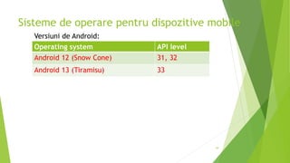 Sisteme de operare pentru dispozitive mobile
39
Operating system API level
Android 12 (Snow Cone) 31, 32
Android 13 (Tiramisu) 33
Versiuni de Android:
 
