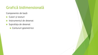 Grafică bidimensională
Componente de bază
 Culori și texturi
 Instrumentul de desenat
 Suprafața de desenat
 Contururi geometrice
8
 