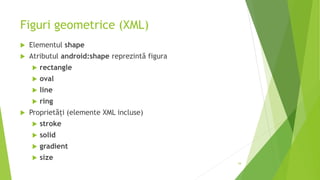 Figuri geometrice (XML)
 Elementul shape
 Atributul android:shape reprezintă figura
 rectangle
 oval
 line
 ring
 Proprietăți (elemente XML incluse)
 stroke
 solid
 gradient
 size
34
 