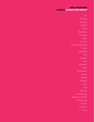 IMPLANTATIONS
CURSUS CONSULTING GROUP
Aix
Annecy
Avignon
Belfort
Blois
Bordeaux
Bourges
Brest
Cannes
Clermont-Ferrand
Dijon
Grenoble
Lille
Limoges
Lyon
Marseille
Metz
Montpellier
Nancy
Nantes
Orléans
Paris
Pau
Rennes
Saint-Brieuc
Sophia-Antipolis
Strasbourg
Toulon
Toulouse
Tours
 