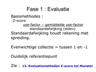 Fase 1 : Evaluatie
Basismethodes :
Z-score
use-factor – gemiddelde use-factor
standaardafwijking (stdev)
Standaardafwijking houdt rekening met
spreiding.
Evenwichtige collectie = tussen 1 en -1
Duidelijk referentiepunt
Zie : 13. Evaluatiemethoden Z-score tot Munster
 
