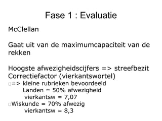 Fase 1 : Evaluatie
McClellan
Gaat uit van de maximumcapaciteit van de
rekken
Hoogste afwezigheidscijfers => streefbezit
Correctiefactor (vierkantswortel)
=> kleine rubrieken bevoordeeld
Landen = 50% afwezigheid
vierkantsw = 7,07
Wiskunde = 70% afwezig
vierkantsw = 8,3
 