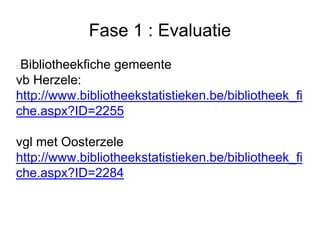 Fase 1 : Evaluatie
Bibliotheekfiche gemeente
vb Herzele:
http://www.bibliotheekstatistieken.be/bibliotheek_fi
che.aspx?ID=2255
vgl met Oosterzele
http://www.bibliotheekstatistieken.be/bibliotheek_fi
che.aspx?ID=2284
 