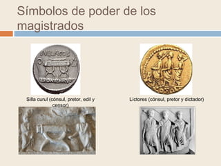 Símbolos de poder de los
magistrados
Silla curul (cónsul, pretor, edil y
censor)
Líctores (cónsul, pretor y dictador)
 