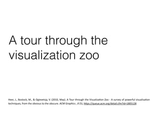 A tour through the
visualization zoo
Heer,	
  J.,	
  Bostock,	
  M.,	
  &	
  Ogievetsjy,	
  V.	
  (2010,	
  May).	
  A	
  Tour	
  through	
  the	
  VisualizaMon	
  Zoo	
  -­‐	
  A	
  survey	
  of	
  powerful	
  visualisaMon	
  
techniques,	
  from	
  the	
  obvious	
  to	
  the	
  obscure.	
  ACM	
  Graphics	
  ,	
  8	
  (5),	
  hTps://queue.acm.org/detail.cfm?id=1805128
 