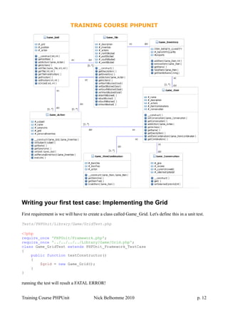 TRAINING COURSE PHPUNIT
Writing your first test case: Implementing the Grid
First requirement is we will have to create a class called Game_Grid. Let's define this in a unit test.
Tests/PHPUnit/Library/Game/GridTest.php
<?php
require_once 'PHPUnit/Framework.php';
require_once '../../../../Library/Game/Grid.php';
class Game_GridTest extends PHPUnit_Framework_TestCase
{
public function testConstructor()
{
$grid = new Game_Grid();
}
}
running the test will result a FATAL ERROR!
Training Course PHPUnit Nick Belhomme 2010 p. 12
 