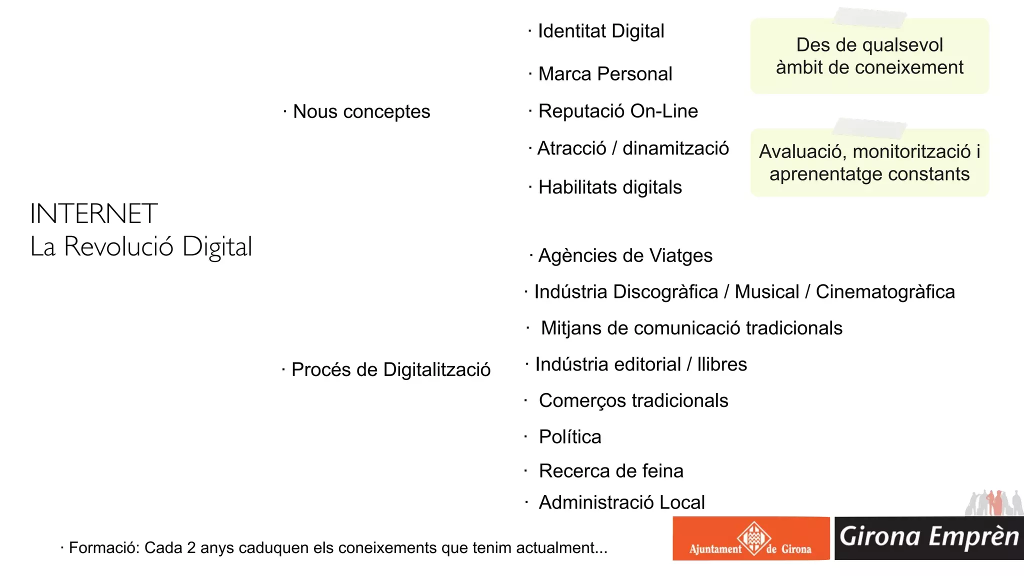 · Identitat Digital
                                                                                                     Des de qualsevol
                                                                · Marca Personal                   àmbit de coneixement

                               · Nous conceptes                 · Reputació On-Line
                                                                · Atracció / dinamització        Avaluació, monitorització i
                                                                                                  aprenentatge constants
                                                                · Habilitats digitals
INTERNET
La Revolució Digital                                            · Agències de Viatges
                                                               · Indústria Discogràfica / Musical / Cinematogràfica
                                                               · Mitjans de comunicació tradicionals

                               · Procés de Digitalització      · Indústria editorial / llibres
                                                               · Comerços tradicionals
                                                               · Política
                                                               · Recerca de feina
                                                               · Administració Local

  · Formació: Cada 2 anys caduquen els coneixements que tenim actualment...
 