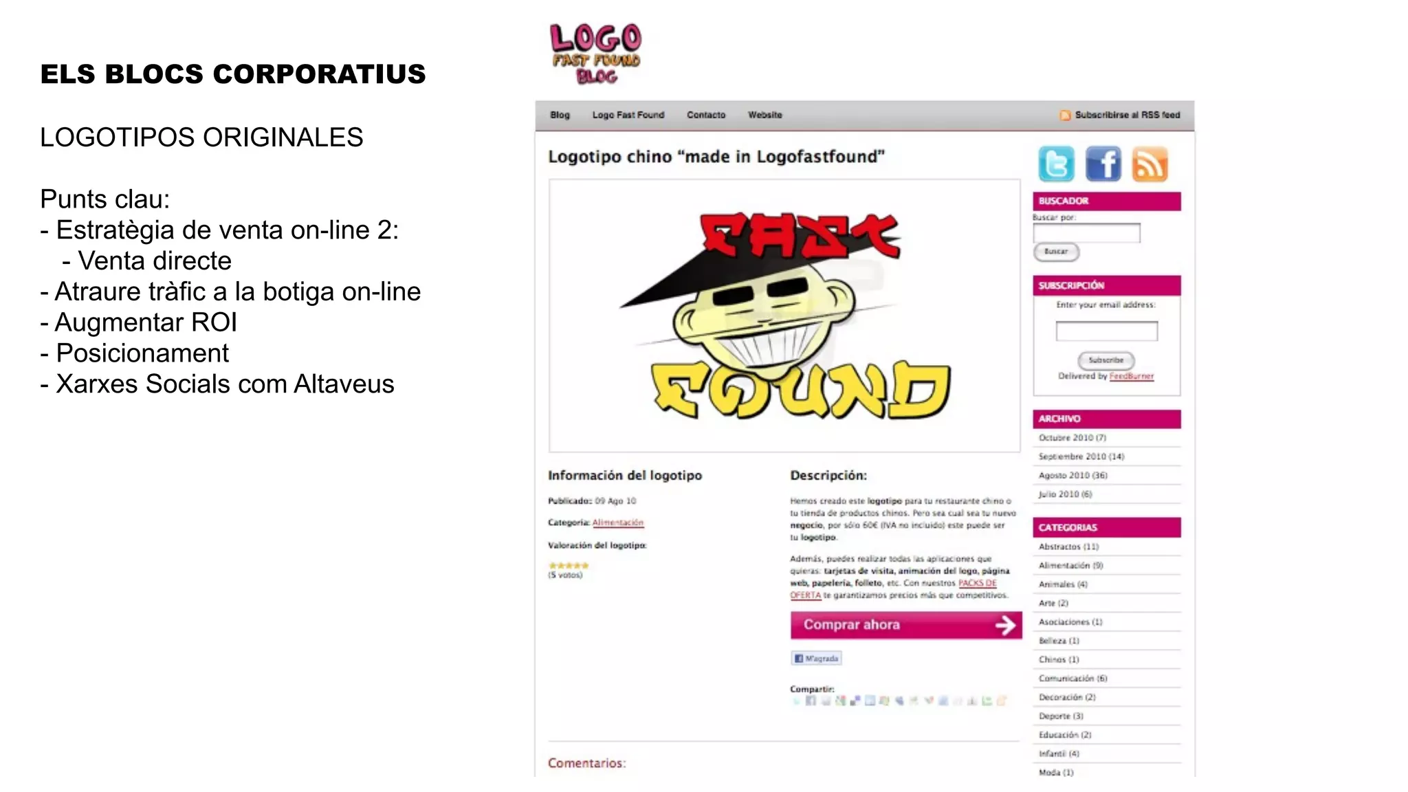 ELS BLOCS CORPORATIUS

LOGOTIPOS ORIGINALES

Punts clau:
- Estratègia de venta on-line 2:
  - Venta directe
- Atraure tràfic a la botiga on-line
- Augmentar ROI
- Posicionament
- Xarxes Socials com Altaveus
 