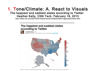 1. Tone/Climate: A. React to Visuals
 The happiest and saddest states according to Twitter
     Heather Kelly, CNN Tech, February 19, 2013
    http://www.cnn.com/2013/02/19/tech/social-media/twitter-happiness/index.html
 