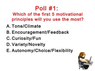 Poll #1:
  Which of the first 5 motivational
  principles will you use the most?
A. Tone/Climate
B. Encouragement/Feedback
C. Curiosity/Fun
D. Variety/Novelty
E. Autonomy/Choice/Flexibility
 