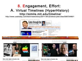 8. Engagement, Effort:
     A. Virtual Timelines (HyperHistory)
               http://simile.mit.edu/timeline/
http://www.usatoday.com/tech/news/story/2011-09-22/steve-jobs-dies/50672498/1
 