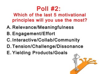Poll #2:
  Which of the last 5 motivational
  principles will you use the most?
A. Relevance/Meaningfulness
B. Engagement/Effort
C. Interactive/Collab/Community
D. Tension/Challenge/Dissonance
E. Yielding Products/Goals
 