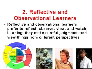 2. Reflective and
     Observational Learners
• Reflective and observational learners
  prefer to reflect, observe, view, and watch
  learning; they make careful judgments and
  view things from different perspectives
 