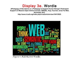Display 3e. Wordle
 APedagogy of Abundance or a Pedagogy to Support Human Beings? Participant
Support on Massive Open Online Courses, IRRODL, Kop, Fournier, & Sui Fai Mak,
                                 November 2011
          http://www.irrodl.org/index.php/irrodl/article/view/1041/2025
 