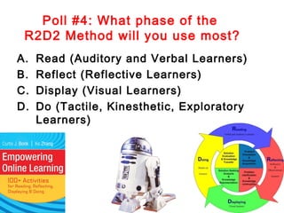 Poll #4: What phase of the
 R2D2 Method will you use most?
A.   Read (Auditory and Verbal Learners)
B.   Reflect (Reflective Learners)
C.   Display (Visual Learners)
D.   Do (Tactile, Kinesthetic, Exploratory
     Learners)
 