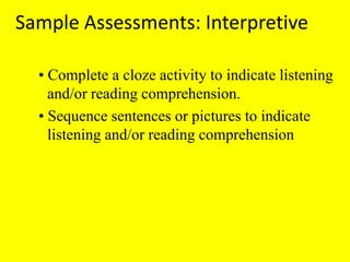 Sample Assessments: Interpretive• Complete a cloze activity to indicate listening and/or reading comprehension.• Sequence sentences or pictures to indicate listening and/or reading comprehension
