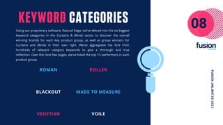 FUSION
UNLIMITED
2021
VENETIAN
BLACKOUT
ROMAN
KEYWORD CATEGORIES
Using our proprietary software, Natural Edge, we've delved into the six biggest
keyword categories in the Curtains & Blinds sector to discover the overall
winning brands for each key product group, as well as group winners for
Curtains and Blinds in their own right. We've aggregated the SOV from
hundreds of relevant category keywords to give a thorough and true
reflection. Over the next few pages, we've listed the top 15 performers in each
product group.
08
VOILE
MADE TO MEASURE
ROLLER
 
