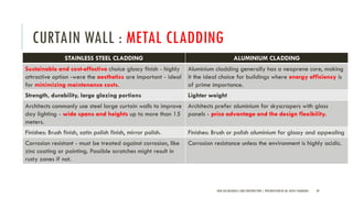 CURTAIN WALL : METAL CLADDING
NEW AGE MATERIALS AND CONSTRUCTION | PRESENTATION BY AR. GEEVA CHANDANA 49
STAINLESS STEEL CLADDING ALUMINIUM CLADDING
Sustainable and cost-effective choice glossy finish - highly
attractive option -were the aesthetics are important - ideal
for minimizing maintenance costs.
Aluminium cladding generally has a neoprene core, making
it the ideal choice for buildings where energy efficiency is
of prime importance.
Strength, durability, large glazing portions Lighter weight
Architects commonly use steel large curtain walls to improve
day lighting - wide spans and heights up to more than 15
meters.
Architects prefer aluminium for skyscrapers with glass
panels - price advantage and the design flexibility.
Finishes: Brush finish, satin polish finish, mirror polish. Finishes: Brush or polish aluminium for glossy and appealing
Corrosion resistant - must be treated against corrosion, like
zinc coating or painting. Possible scratches might result in
rusty zones if not.
Corrosion resistance unless the environment is highly acidic.
 